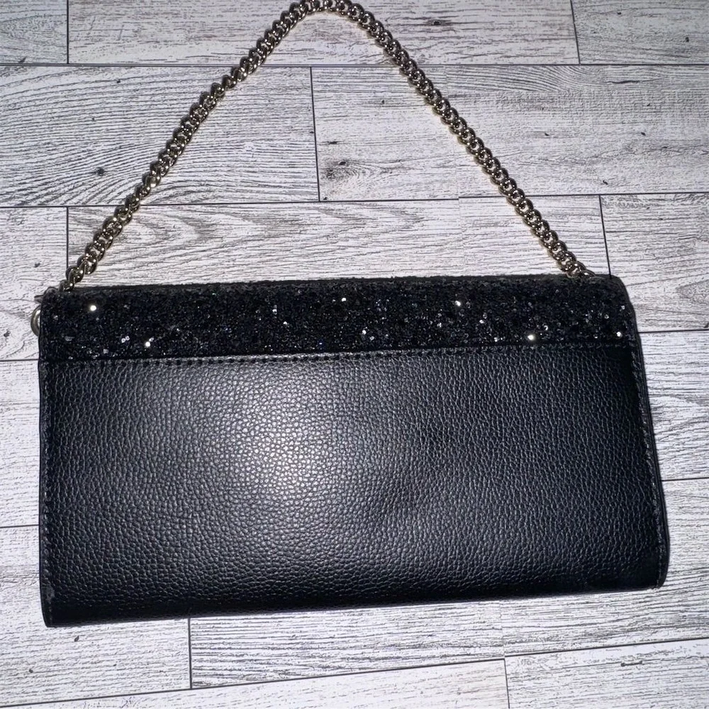 NWT Kate Spade Laurel Way Black‎ Glitter Chain Wallet Clutch w/ Detachable Strap